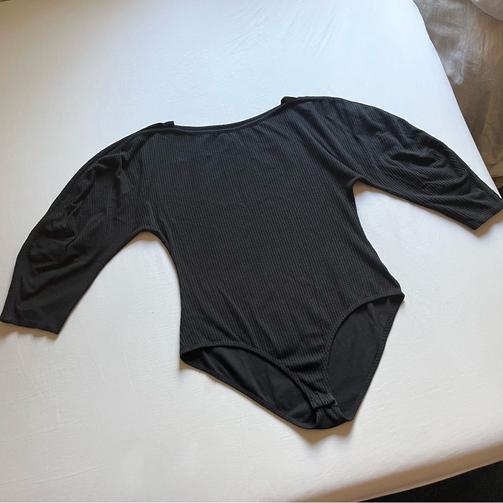MARA HOFFMAN black thermal waffle organic cotton knit boat neck bodysuit